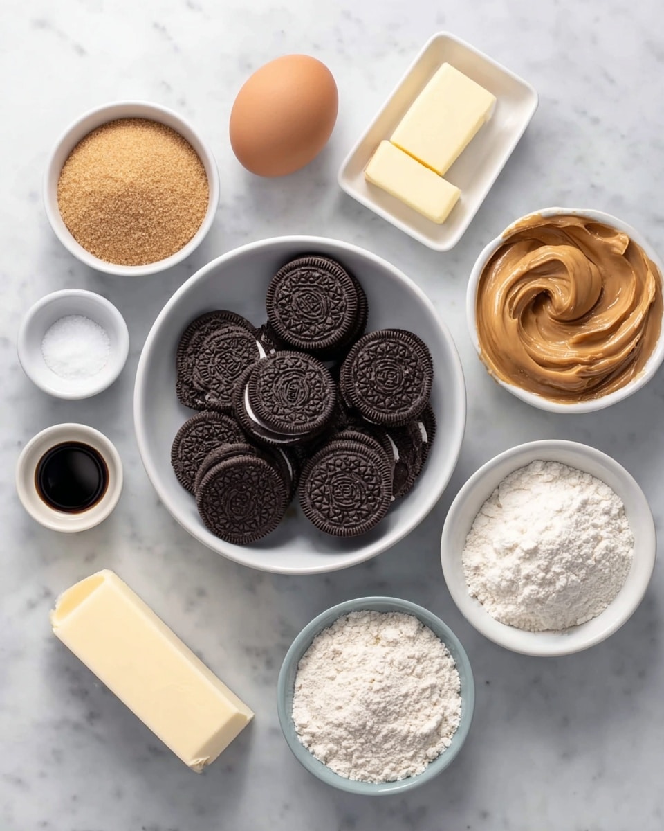 The image shows various baking ingredients placed neatly on a white marbled surface. In the center, there is a white bowl filled with whole Oreo cookies arranged to fully show their dark, patterned tops. Surrounding the bowl are smaller white bowls containing different ingredients: light brown sugar with a grainy texture, smooth peanut butter with swirled patterns, white granulated sugar, and white flour with a powdery look. There is also one brown egg, a stick of pale yellow butter, and small white bowls holding salt and baking powder. A small white bowl contains a dark liquid, likely vanilla extract. The overall setup is clean and organized. Photo taken with an iphone --ar 4:5 --v 7