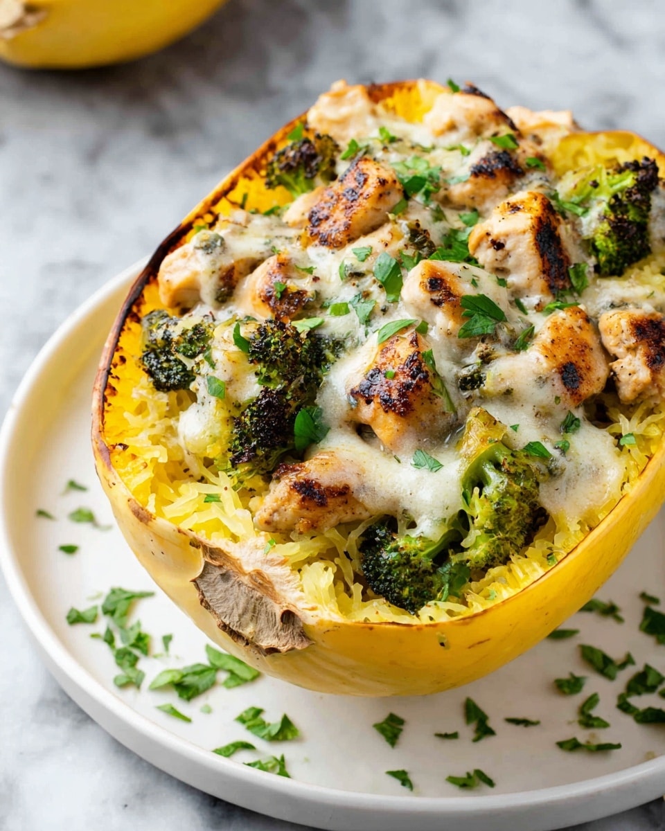 A halved yellow spaghetti squash filled with four layers: the first layer is bright yellow spaghetti squash strands forming the base, the second layer includes small roasted green broccoli pieces with slightly charred edges, the third layer is a creamy white sauce covering the vegetables, and the top layer consists of browned chicken chunks sprinkled with fresh green chopped herbs. The squash sits on a white plate with some green herb bits scattered around, all placed on a white marbled surface. photo taken with an iphone --ar 4:5 --v 7