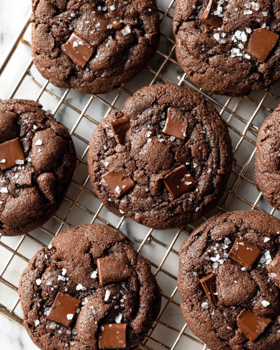 Several dark brown chocolate cookies are placed close together on a silver wire cooling rack. Each cookie has a rough and slightly cracked texture with large square chocolate chunks and chocolate chips embedded in the surface. Small white salt flakes are sprinkled over the cookies, adding a textured contrast. The wire rack is set on a white marbled surface. Photo taken with an iphone --ar 4:5 --v 7