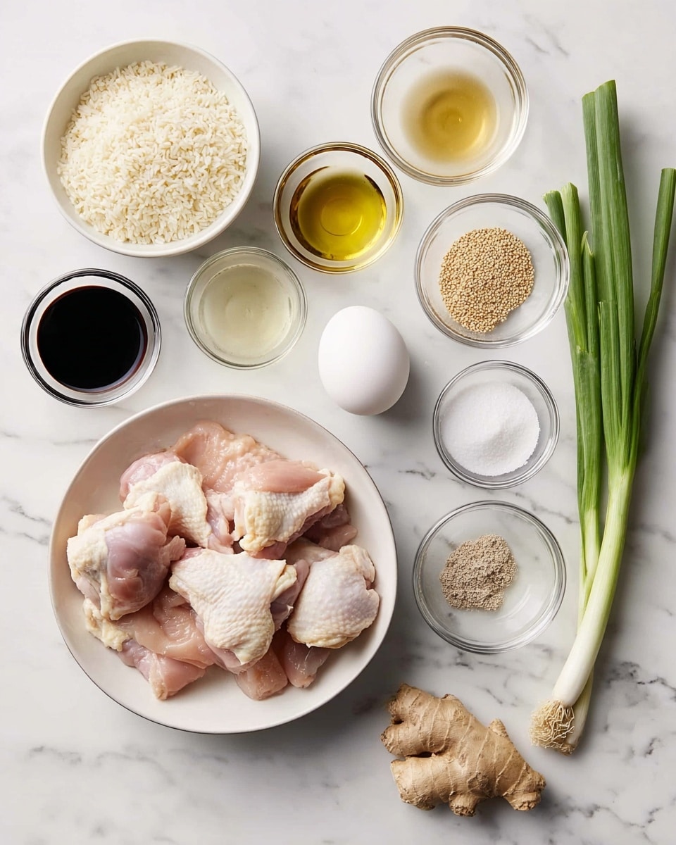 A white bowl is filled with several raw, pale pink chicken pieces showing some parts of light yellow fat. Around it, on a white marbled surface, there are multiple small clear glass bowls holding different ingredients: one with light yellow oil, one with honey-colored liquid, one with dark soy sauce, one with dry sesame seeds, one with light brown sugar, one with white powder (likely cornstarch), and one empty. There is also a white bowl with uncooked white rice, a single white egg, two long green onions, a piece of beige ginger root, and a small clear bowl with white salt and black pepper. The arrangement is neat and spaced out. Photo taken with an iphone --ar 4:5 --v 7