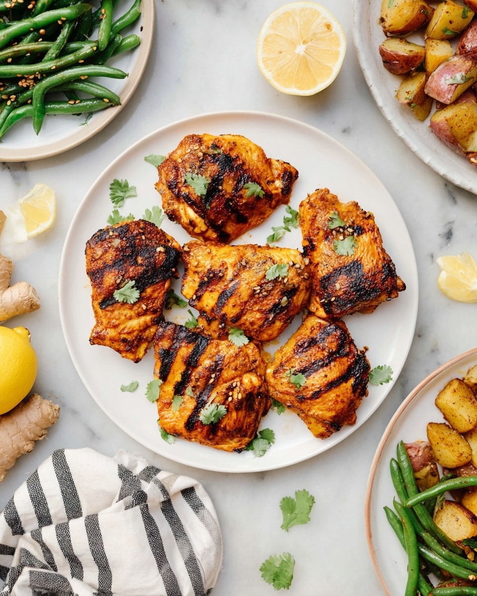 A white round plate holds six pieces of grilled chicken thighs with dark grill marks and a golden-orange color, sprinkled with small green cilantro leaves. The plate is on a white marbled surface, surrounded by partially visible white dishes with roasted potatoes in golden brown pieces and steamed green beans with sesame seeds. A halved lemon and ginger roots sit near the bottom left corner, alongside a cloth with black stripes. The scene is bright and fresh with a clean layout, photo taken with an iphone --ar 4:5 --v 7