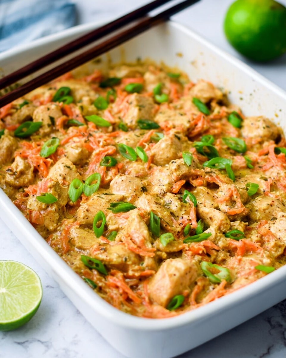 A white rectangular baking dish filled with a creamy mixture of light brown chicken pieces and shredded orange carrots, all coated in a thick sauce with visible specks of seasoning. The dish is topped with bright green slices of scallions scattered unevenly across the surface, adding a fresh pop of color. In the background, there is a halved lime with a vibrant green interior placed on a white marbled surface, and a pair of dark brown chopsticks rests on the edge of the dish. Photo taken with an iphone --ar 4:5 --v 7