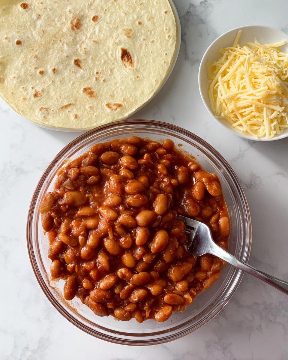 The image shows a bowl of cooked beans in a reddish-brown sauce with a fork inside, placed on a white marbled surface. Behind the bowl, there is a flat, round tortilla with light brown spots and a white plate holding finely shredded light yellow cheese. The beans are thick and saucy, filling most of the clear glass bowl, and the tortilla and cheese are positioned slightly behind it. Photo taken with an iphone --ar 4:5 --v 7