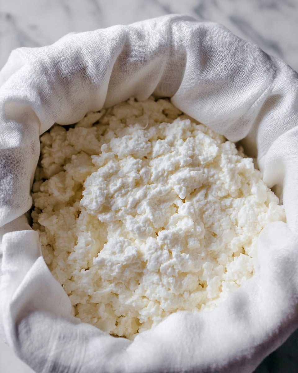 The image shows a close-up of fresh white cheese curds resting inside a white cloth that is folded around the edges, forming a soft, protective cradle. The curds are lumpy and moist, with a creamy, grainy texture that fills the cloth-lined container. The background features a white marbled surface that adds a clean and simple look to the scene. photo taken with an iphone --ar 4:5 --v 7