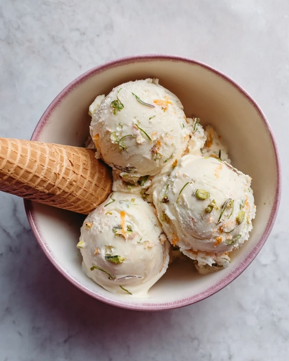 Three scoops of light cream-colored ice cream with small green and orange bits are placed inside a round white bowl with a pinkish rim. The ice cream has a smooth texture with some melting around the edges, and a light brown ice cream cone is laid horizontally inside the bowl, partially sinking into the scoops. The bowl is set on a white marbled surface that contrasts softly with the colors of the ice cream and bowl photo taken with an iphone --ar 4:5 --v 7