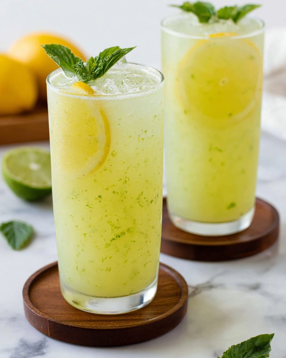 Two tall clear glasses filled with a pale green-yellow lemonade with tiny green flecks, each glass has thin lemon slices floating near the top. Both glasses sit on round dark wooden coasters placed on a white marbled surface. The drink looks cold and refreshing with visible ice cubes inside. A small sprig of green mint leaves crowns the drink on each glass. A whole lemon and a lime are blurry in the background. Photo taken with an iphone --ar 4:5 --v 7