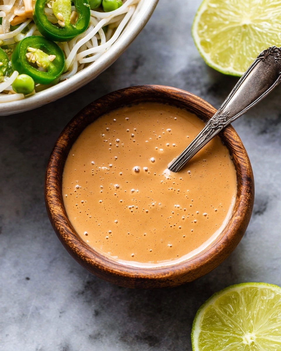 The image shows a close-up of a creamy peanut sauce in a small round wooden bowl, with a vintage silver spoon resting inside it. The sauce is thick and smooth with tiny bubbles, and is light brown in color with slight darker specks. Nearby is a squeezed lime half with a bright green and juicy inside texture. Part of a white bowl is seen at the top, holding white noodles with green peas, sliced green chilies, and lime wedges on a white marbled surface. The focus is on the peanut sauce in the wooden bowl. photo taken with an iphone --ar 4:5 --v 7