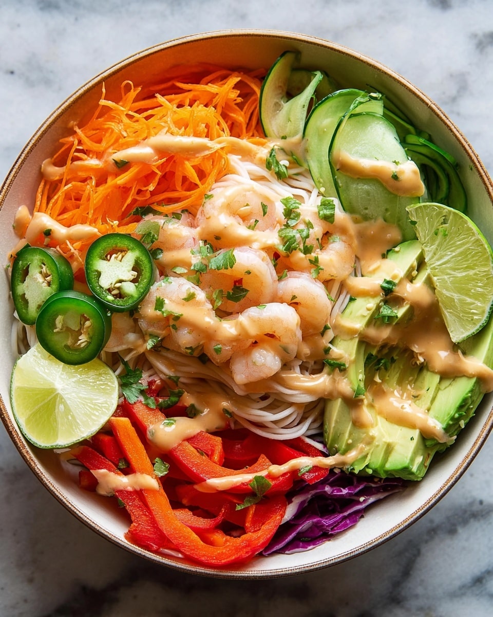 A bowl filled with cooked white noodles at the bottom forms the first layer, over which there are several layers of colorful fresh ingredients arranged in separate sections. Starting from the top left, there are thin, bright orange grated carrots, next to them are thin slices of green cucumber with a slightly darker green edge, followed by red bell pepper strips, and creamy green avocado slices near the bottom right. In the center of the bowl, there is a small pile of pink and white cooked shrimp. To the bottom left, several slices of lime and thin green jalapeño rings add a fresh touch. The whole bowl is drizzled with a light brown creamy sauce and sprinkled with chopped green herbs. The dish is placed in a white bowl with a light brown rim, sitting on a white marbled surface. Photo taken with an iphone --ar 4:5 --v 7
