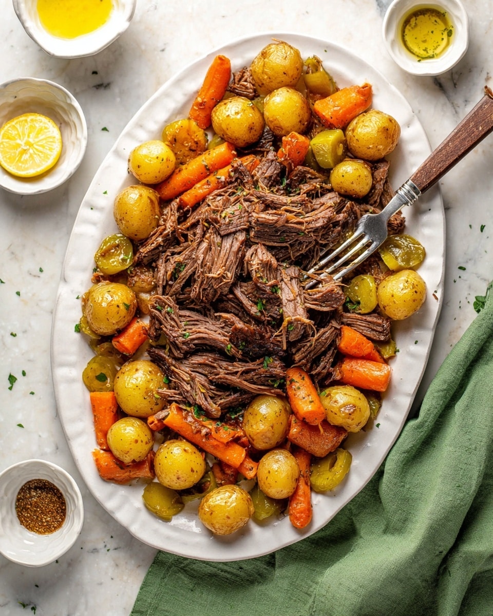 A large white oval plate sits on a white marbled surface and holds a main layer of shredded dark brown cooked meat in the center. Around the meat, there is a second layer of golden roasted baby potatoes, bright orange carrot chunks, and light green pickled peppers, all glossy with oil. A silver fork with a wooden handle pierces some of the shredded meat near the top right. Nearby are a green cloth napkin and several small white bowls with spices and lemon wedges. The photo taken with an iphone --ar 4:5 --v 7