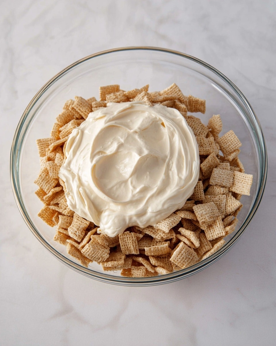 A clear glass bowl filled with two kinds of square cereal pieces, one light brown and the other beige, creating a mixed base layer that covers the bottom. On top, slightly off-center, there is a thick, creamy, off-white layer of smooth frosting or dip with soft peaks and swirls, creating a gentle contrast against the textured cereals. The bowl sits on a white marbled surface. photo taken with an iphone --ar 4:5 --v 7