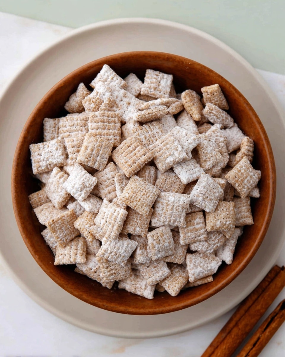 A brown bowl filled with many small square cereal pieces covered in a white powder. The cereal pieces are light tan to light brown, textured with a woven pattern, and piled high to the top edge of the bowl. The bowl is placed on a white plate, and both sit on a white marbled surface. At the bottom right corner, two sticks of cinnamon are partially visible. photo taken with an iphone --ar 4:5 --v 7