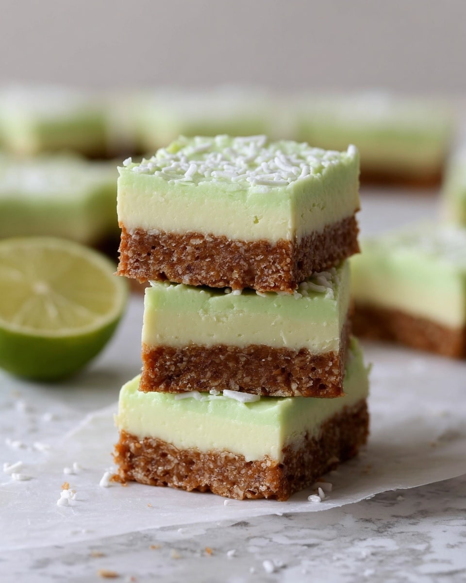 The image shows three square dessert bars stacked on top of each other on a white marbled surface. Each bar has two layers: the bottom layer is a thick, textured brown base that looks moist and crumbly, and the top layer is a smooth, light green cream that is thick and evenly spread, with slight ridges and a soft texture. There are small white sprinkles scattered on the top layer and around the dessert on the surface. In the background, more of these dessert squares can be seen slightly out of focus, and a halved lime is placed on the left side of the surface. Photo taken with an iphone --ar 4:5 --v 7