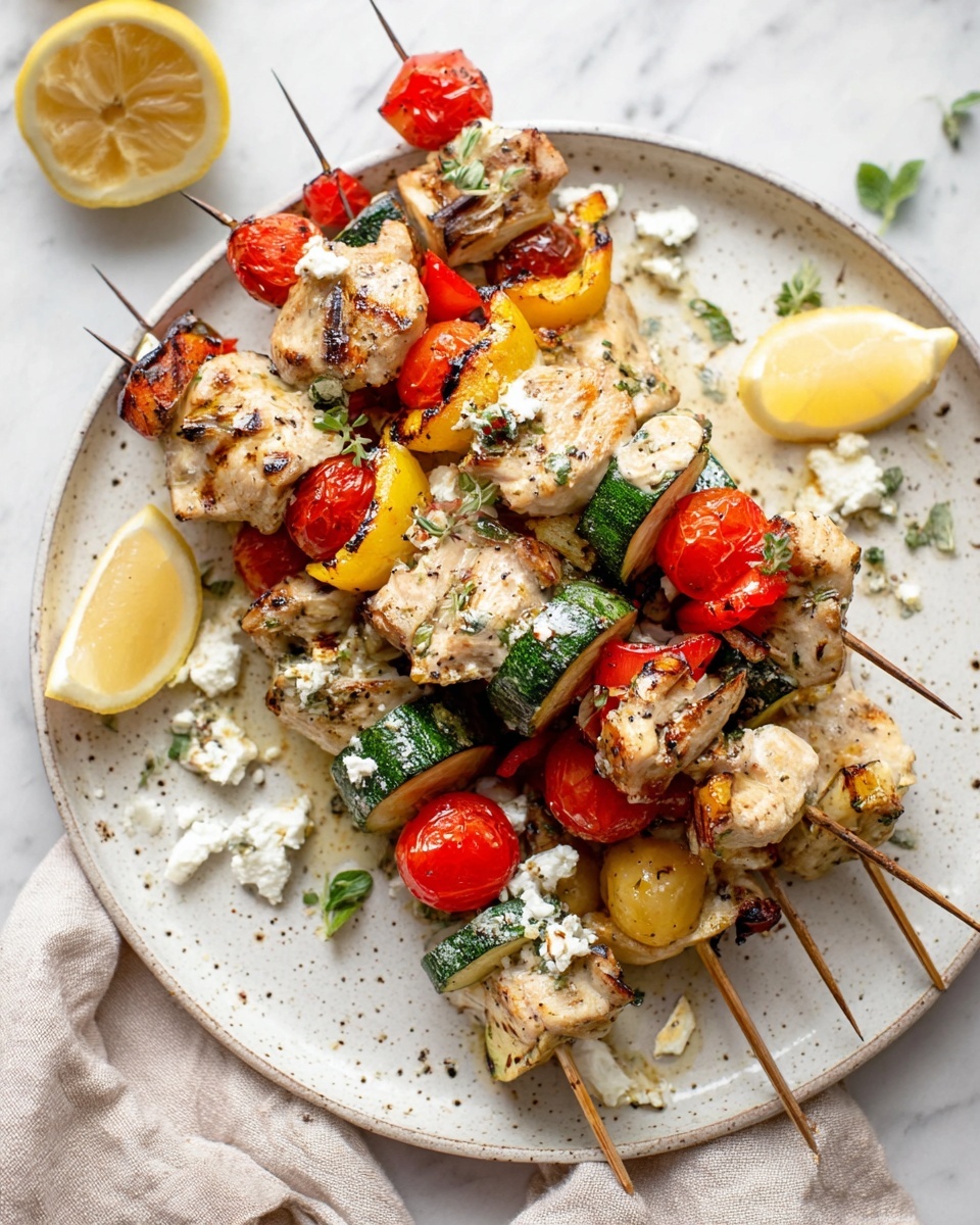 The image shows several skewers on a white speckled plate, each skewer layered with light brown grilled chicken pieces, bright red tomatoes, yellow cherry tomatoes, green zucchini chunks with grill marks, and red bell pepper pieces. The plate also has small crumbles of white cheese and green herb leaves scattered on top. There are two lemon wedges placed at the edge of the plate. The plate is set on a white marbled surface with a light beige cloth nearby. photo taken with an iphone --ar 4:5 --v 7