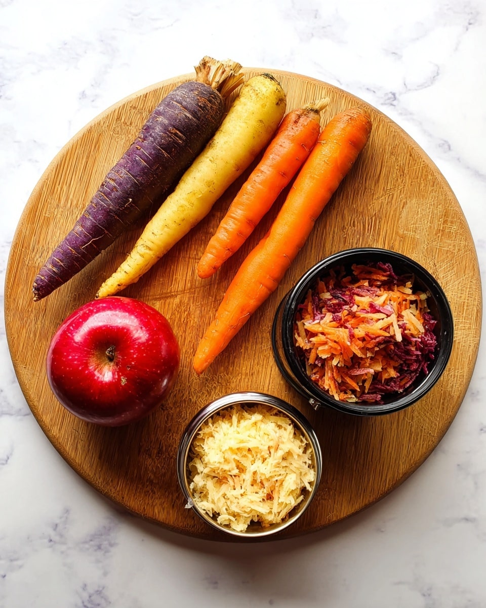 The image shows a round wooden cutting board on a white marbled surface. On the cutting board, there are three whole carrots arranged side by side at the top left: one purple, one yellow, and one orange. In the bottom left corner, a shiny red apple is placed. On the right side, there are two small containers: the top one is a black measuring cup filled with shredded carrot pieces in mixed orange and purple colors, and the bottom one is a silver measuring cup filled with grated pale yellow and red apple pieces. The photo taken with an iphone --ar 4:5 --v 7