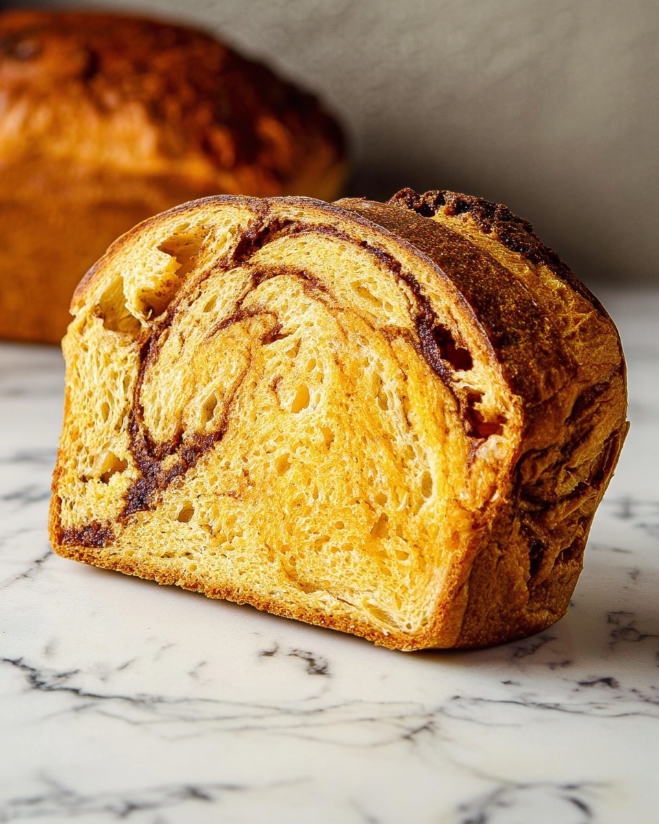 The image shows a thick slice of bread with a golden brown crust and a soft, light orange-yellow inside. The bread has a swirl pattern made of darker brown and almost black colors, winding through the slice. The texture inside looks airy with small holes, and the crust is slightly rough with a crisp look. The slice sits on a white marbled surface with a blurred loaf of the same bread in the back. photo taken with an iphone --ar 4:5 --v 7