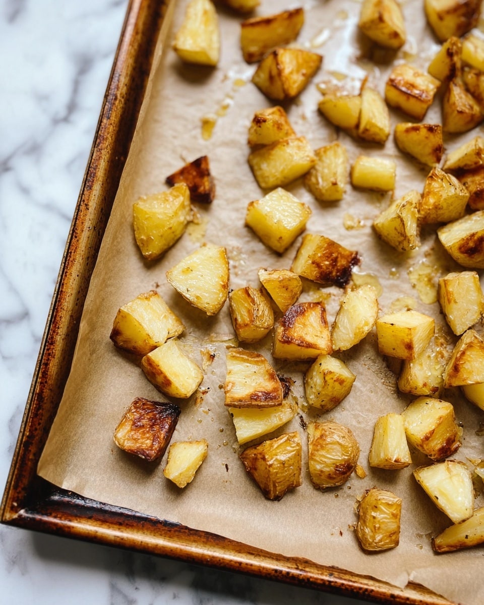 The image shows a baking tray lined with light brown parchment paper, scattered with small roasted potato pieces. The potatoes are cut into small cubes and wedges with golden brown edges, having a crispy texture on the outside and a soft look inside. Some potato pieces have darker brown spots, and a few drops of oil are visible on the parchment paper. The tray has a worn metal edge visible on the left and bottom sides. The background is a white marbled surface. Photo taken with an iphone --ar 4:5 --v 7