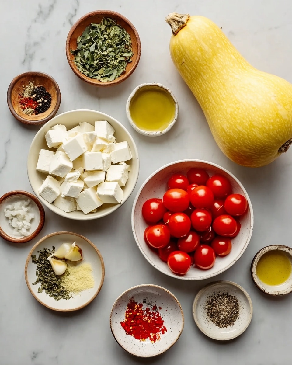 The image shows various ingredients arranged neatly on a white marbled surface. In the center, there is a white bowl with white cheese cubes. Next to it on the right, a medium bowl filled with bright red cherry tomatoes. Above these, there is a whole pale yellow squash with a rough skin. Small white and brown bowls are spread around, holding different spices, finely chopped garlic, crushed red pepper, green herbs, lemon zest, black pepper, salt, and olive oil. The colors contrast well with the white marbled background, creating a fresh and colorful look. Photo taken with an iphone --ar 4:5 --v 7