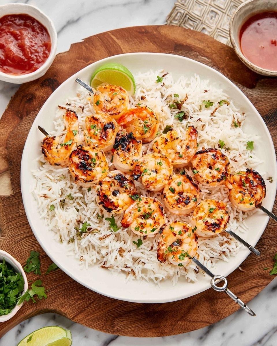 The image shows a white round plate filled with a bed of white rice mixed with bits of light brown toasted vermicelli. On top of the rice, there are four metal skewers each holding grilled shrimp, which are orange with dark grill marks and sprinkled with green herbs. In the top part of the plate, a small lime wedge is placed as garnish. The plate rests on a wooden board, surrounded by small bowls of red sauce and fresh green herbs on a white marbled surface. Photo taken with an iphone --ar 4:5 --v 7