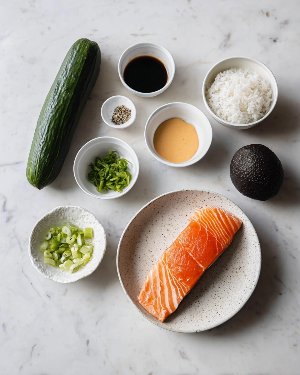A white speckled bowl holds a fresh salmon fillet with bright orange color and light white lines running across it, placed near the top right of the frame on a white marbled surface. To its left is a long, dark green cucumber with a textured skin. Below the salmon is a small white bowl filled with fluffy white rice. Surrounding these are several small white bowls and plates with different ingredients: bright green chopped scallions, a dark liquid likely soy sauce, a pale golden oily liquid, an orange creamy sauce, and a bowl with salt and pepper. At the bottom right sits a dark, bumpy avocado. The setting is clean and minimalist, all on a white marbled surface. Photo taken with an iphone --ar 4:5 --v 7