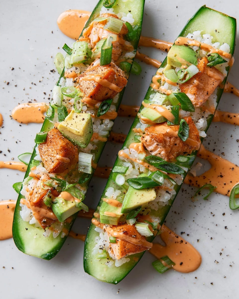 The image shows two cucumber boats, each cut in half lengthwise with the seeds removed to create a hollow space. Inside each cucumber boat, there is a layer of white rice topped with small pieces of cooked salmon showing a golden-brown sear. Scattered over the salmon are chunks of pale green avocado and sliced green onions. A light orange sauce is drizzled over the top and around the cucumbers on the white marbled surface. Cracked black pepper is sprinkled over everything, adding texture. The overall look is fresh and colorful, with greens, whites, oranges, and black pepper flecks standing out clearly. photo taken with an iphone --ar 4:5 --v 7