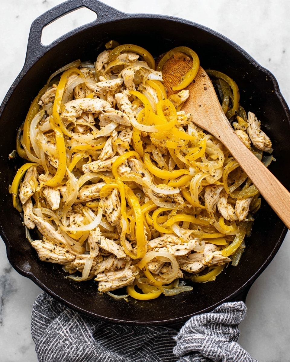 A black cast iron pan sits on a white marbled surface, filled with a mix of shredded cooked chicken, thinly sliced yellow bell peppers, and translucent cooked onion rings. The chicken pieces are light beige with visible seasoning flecks, while the onions have a soft, slightly glossy texture mixed evenly with the bright yellow pepper strips. A wooden spoon is partially buried under the layers, its smooth light brown surface visible on top of the food. A black and white striped cloth is placed beneath the handle of the pan. Photo taken with an iphone --ar 4:5 --v 7