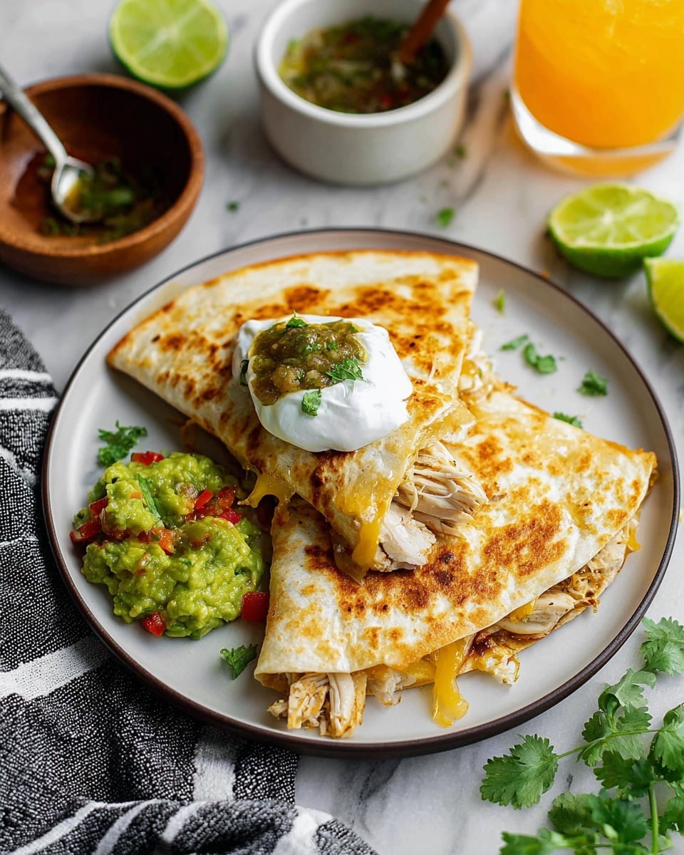 Two folded golden brown quesadillas filled with shredded white chicken and sautéed yellow and white onions sit on a white plate. On top of one quesadilla is a dollop of white sour cream with green salsa placed on it. To the side of the quesadillas is a scoop of chunky green guacamole mixed with bits of red tomatoes. A few fresh cilantro leaves are scattered around the plate and table. In the background, there is a white bowl with green salsa and a spoon inside, a wooden bowl of lime wedges, and an orange drink with ice. All is laid on a white marbled surface with a black and white striped cloth nearby. Photo taken with an iphone --ar 4:5 --v 7