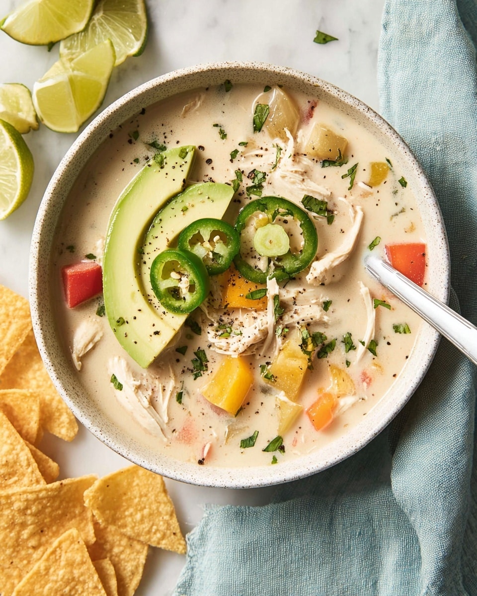 A white speckled bowl filled with creamy light beige soup that has shredded white chicken pieces, cubed yellow and red vegetables, and some green herbs sprinkled throughout. On top, there are two slices of bright green avocado, and a few thin rings of darker green jalapeño peppers, all sprinkled with crushed black pepper and chopped herbs. A white spoon is resting inside the bowl, with a light blue cloth nearby. Around the bowl, light tan triangular tortilla chips are spread on a white marbled surface, with fresh lime wedges in light green and white colors near the top left corner. Photo taken with an iphone --ar 4:5 --v 7