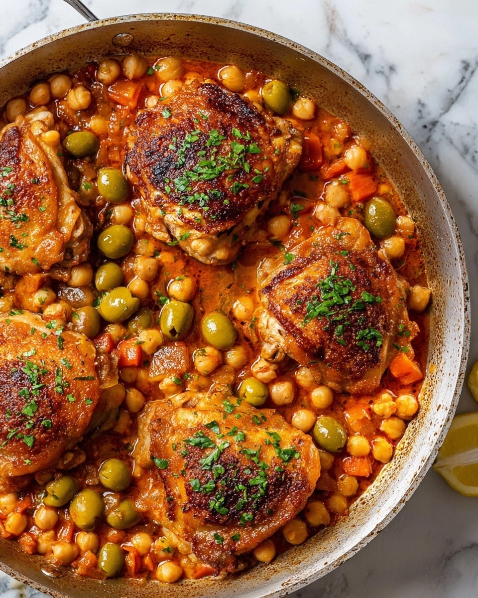 The image shows a pan filled with four pieces of golden-brown cooked chicken thighs, each piece slightly crispy on top with some green herb sprinkles. Around the chicken, there is a thick layer of chickpeas and green olives mixed in a rich, reddish-orange sauce with small pieces of carrots and onions visible. The dish is inside a metal pan sitting on a white marbled surface with a small part of a lemon wedge visible at the bottom right corner. photo taken with an iphone --ar 4:5 --v 7