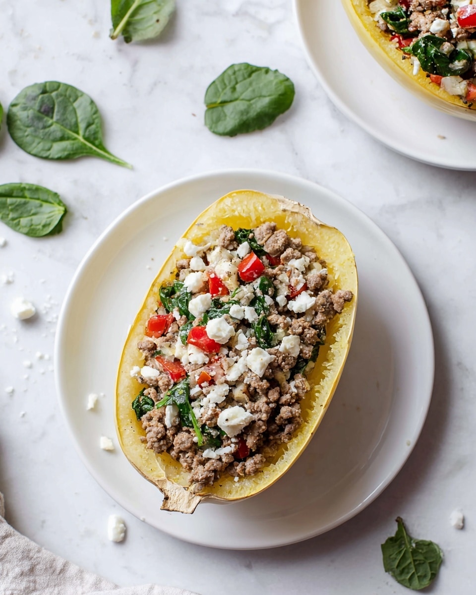 The image shows a white plate on a white marbled surface with a halved spaghetti squash filled with a mixture. The bottom layer is the hollowed, pale yellow spaghetti squash shell. The top layer consists of cooked ground meat mixed with small pieces of red bell pepper, green spinach leaves, and white feta cheese crumbles scattered on top. Around the plate, there are loose spinach leaves and small bits of feta cheese. Another white plate with a similar stuffed squash is partially visible on the upper right side. Photo taken with an iphone --ar 4:5 --v 7