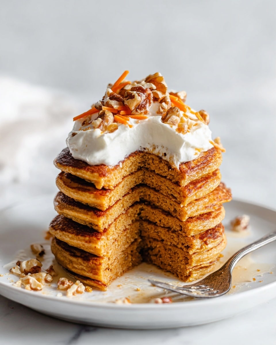 A stack of six thick golden-brown pancakes sits centered on a white plate, arranged evenly one on top of the other. A slice is removed from the stack, revealing the soft, moist texture inside each pancake layer which is slightly darker in color. On top of the stack is a dollop of white whipped cream with a smooth and fluffy texture, scattered with small pieces of chopped walnuts and thin strands of orange carrot, adding a touch of color and texture contrast. A silver fork rests at the base of the stack on the plate, with some crumbs and nut pieces nearby. The background and surface are a clean white marbled texture. Photo taken with an iphone --ar 4:5 --v 7