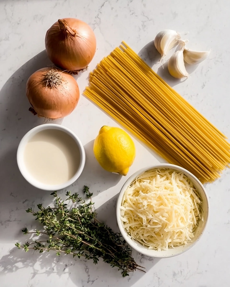 The image shows ingredients neatly placed on a white marbled surface. There are two whole brown onions with dry outer skins on the left side. In the center, a bunch of uncooked long yellow pasta sticks lie flat and parallel. On the right, a white bowl filled with finely shredded pale yellow cheese is seen. Next to it, a bright yellow lemon rests, with two peeled garlic cloves placed just above a small bunch of fresh green thyme sprigs. At the bottom left, there is a white bowl containing creamy white liquid, possibly cream. The lighting is bright and natural. photo taken with an iphone --ar 4:5 --v 7