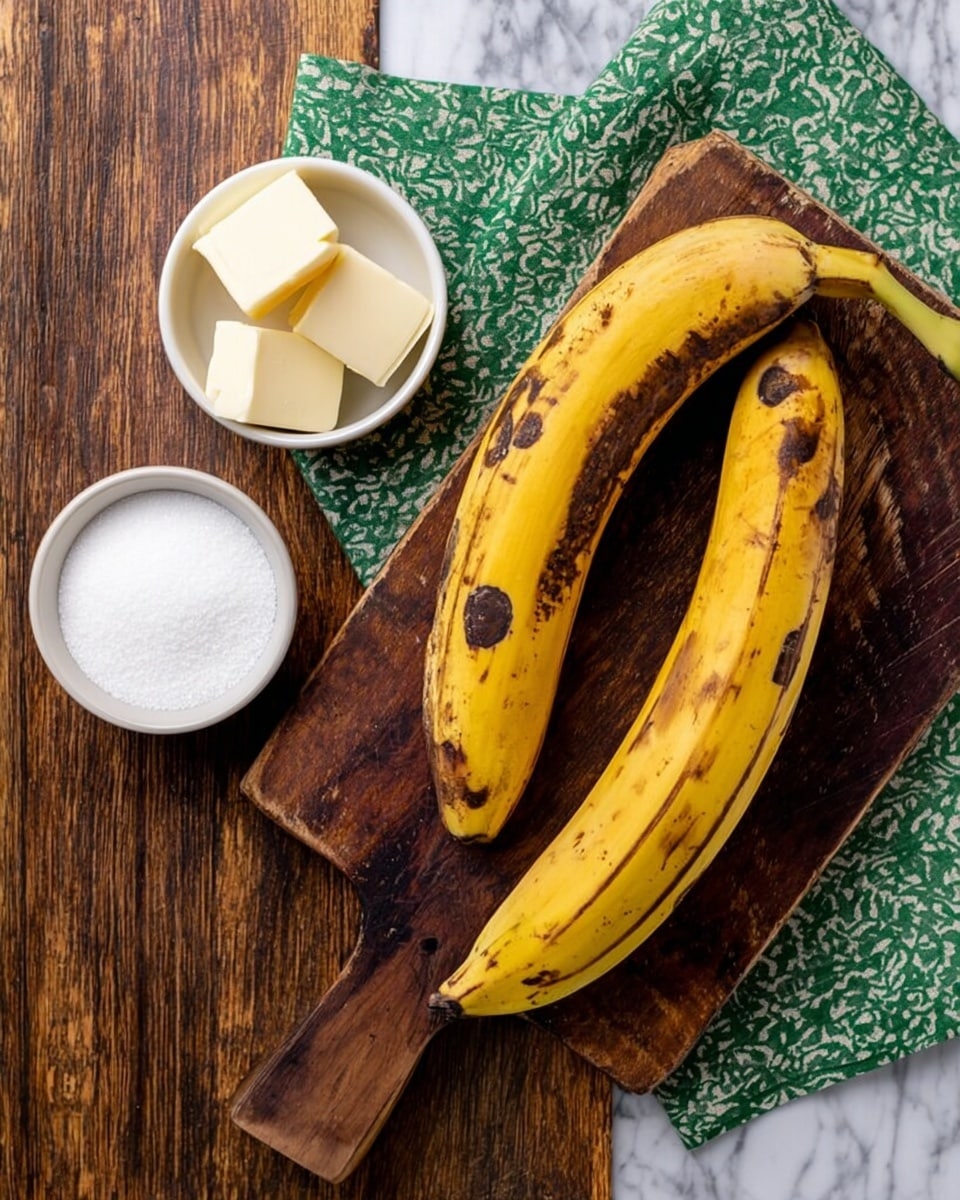 Two ripe yellow plantains with dark brown spots lie diagonally on a dark wooden cutting board, which rests on a white marbled surface. Behind the board is a folded green and white patterned cloth. To the left of the plantains, there are two small white bowls: one filled with white granulated sugar and the other holding four small rectangular pieces of pale butter. photo taken with an iphone --ar 4:5 --v 7