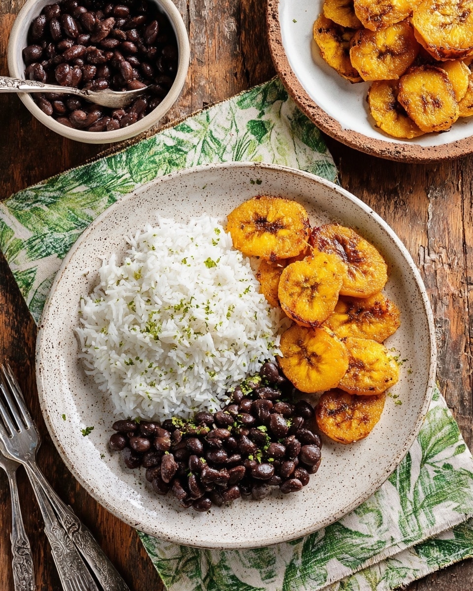 A white speckled round plate shows a serving of white rice on the left side, sprinkled with small green herb pieces. To the bottom left of the rice, there is a portion of shiny black beans with a slight gloss. On the right side of the plate, there is a pile of golden-brown fried plantain slices, each with caramelized edges and a soft texture. The plate rests on a green and white patterned cloth napkin, placed on a rustic wooden surface. Nearby, to the top right, there is another white speckled round plate stacked with more golden fried plantains. Near the top left, a small white bowl full of black beans sits on the wooden surface, accompanied by silver utensils to the left of the main plate. photo taken with an iphone --ar 4:5 --v 7