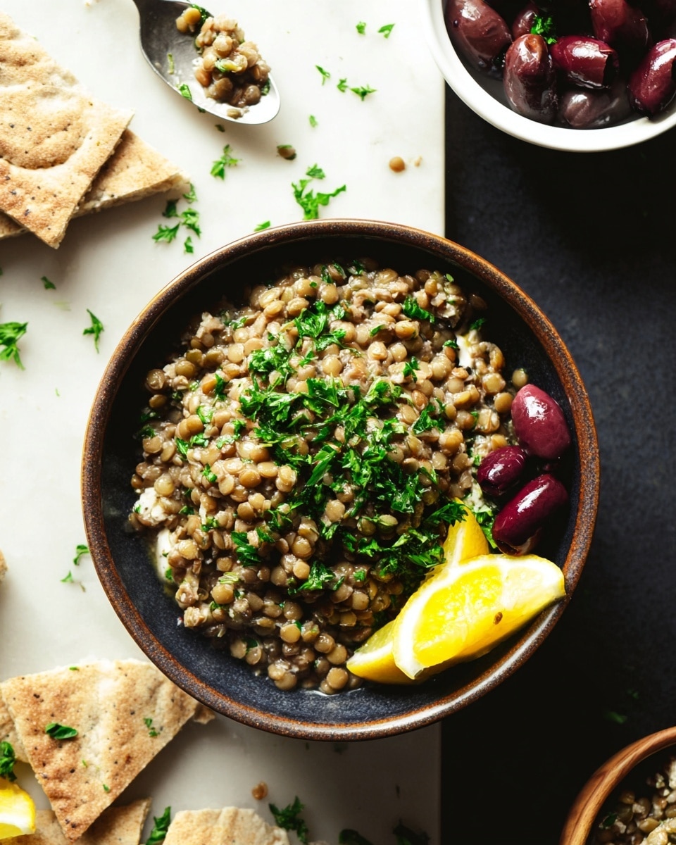 A close-up of a dark bowl filled with creamy lentils mixed with fresh green parsley scattered on top. The lentils are light brown and creamy in texture. On the right side of the bowl, there are dark purple olives and a bright yellow lemon wedge partially tucked under the olives. The bowl sits on a white marbled textured surface. To the top right, there is a white bowl with more dark purple olives and some flatbread pieces nearby. A silver spoon on the left has some lentils with parsley on it. Photo taken with an iphone --ar 4:5 --v 7