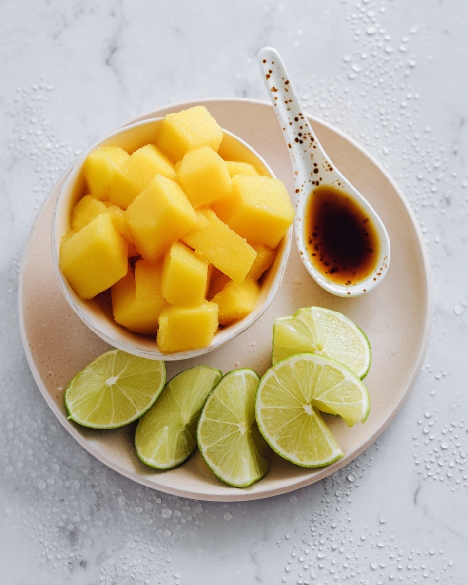 The image shows a white bowl full of bright yellow frozen mango cubes placed on a round white plate that has water droplets on it. Around the bowl on the plate are six lime wedges with green edges and pale green-yellow centers. A white spoon with brown speckles is resting on the plate above the bowl, holding a small amount of dark brown liquid. The background is a white marbled texture. photo taken with an iphone --ar 4:5 --v 7