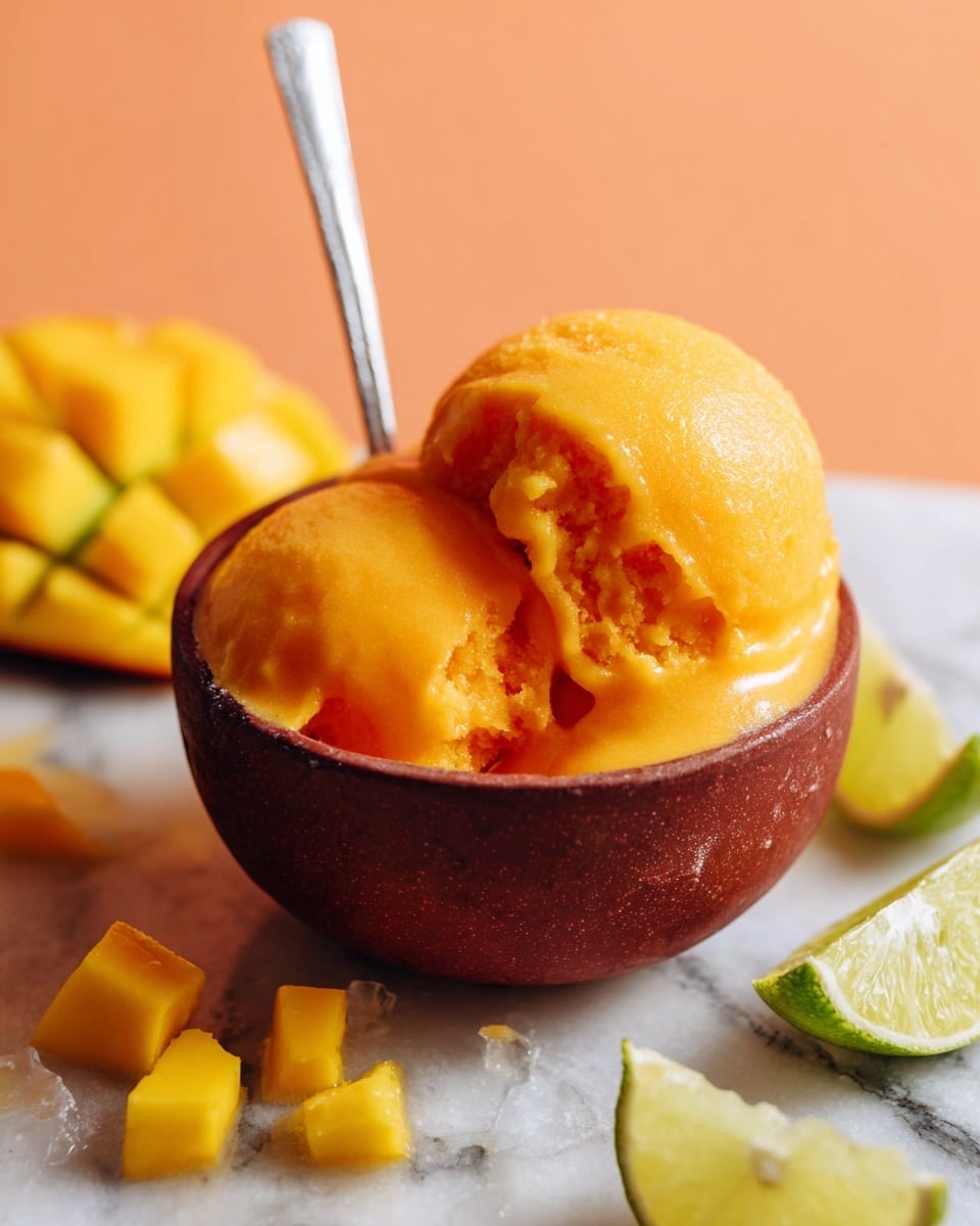 A small dark orange bowl holds two scoops of bright orange mango sorbet with a smooth and slightly shiny texture, placed on a white marbled surface. Around the bowl, there are small chunks of fresh mango and slices of lime, both yellow and green, adding vibrant colors to the scene. A silver spoon sticks out from the sorbet, and the background is a soft peach-orange color. photo taken with an iphone --ar 4:5 --v 7