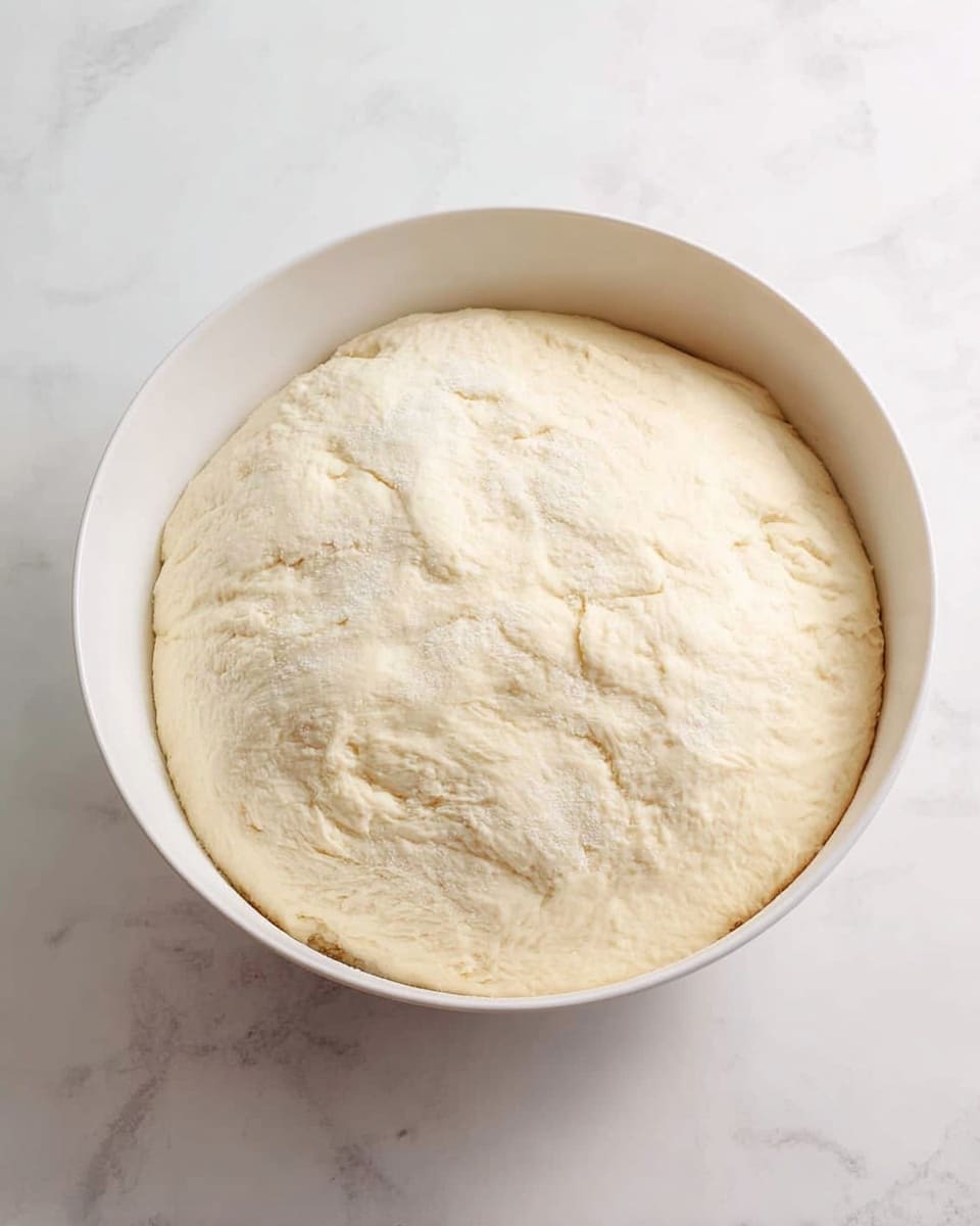 A single round layer of pale, soft dough fills a white bowl, rising with a slightly uneven, puffy surface that shows light cracks and a smooth texture. The bowl rests on a white marbled surface, creating a clean and minimal background. photo taken with an iphone --ar 4:5 --v 7