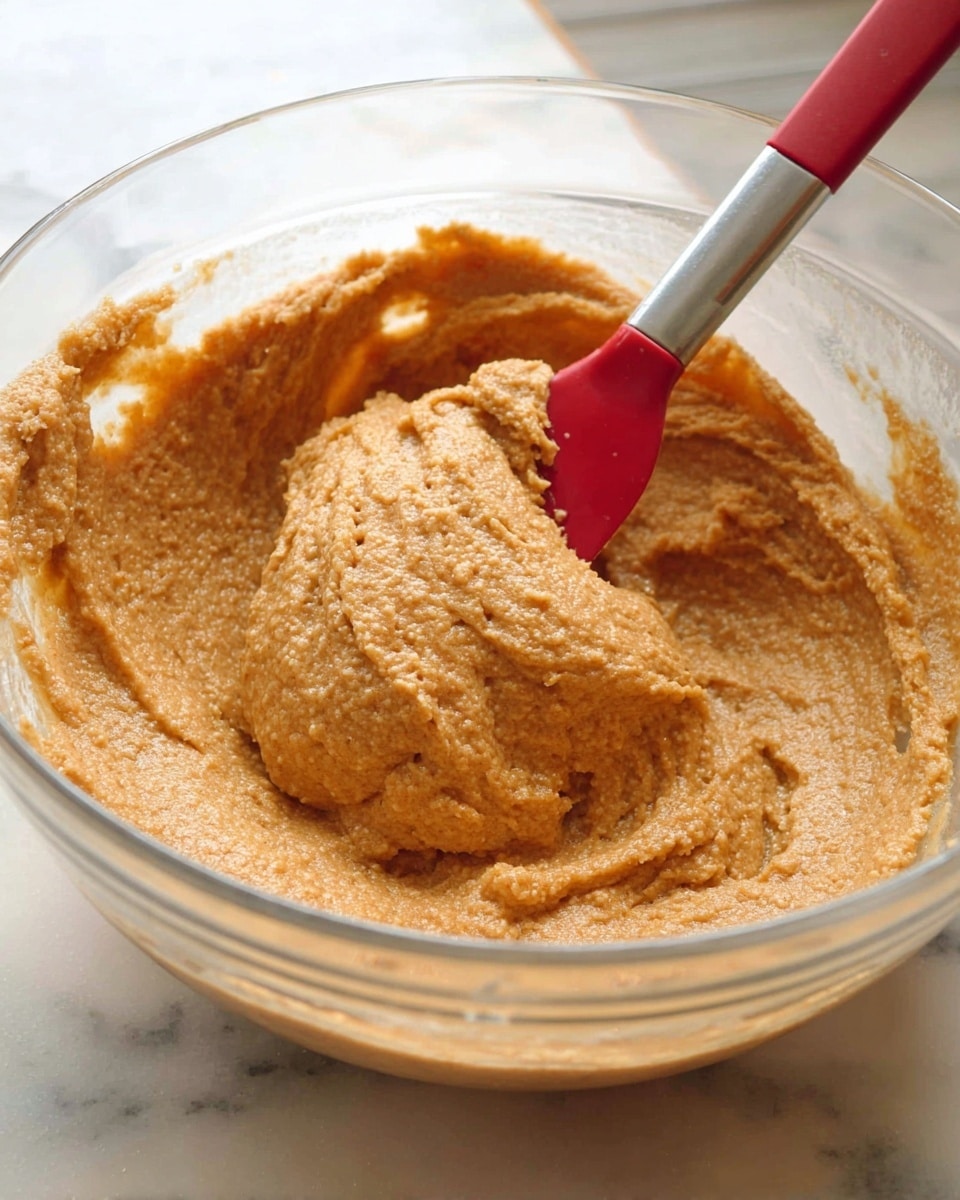 A close-up of a clear glass bowl filled with a thick, smooth, light brown dough or batter with a slightly grainy texture. The mixture is being stirred with a red silicone spatula that has a metal handle, resting inside the bowl. The bowl sits on a white marbled surface. The lighting is bright, highlighting the soft texture of the dough. photo taken with an iphone --ar 4:5 --v 7