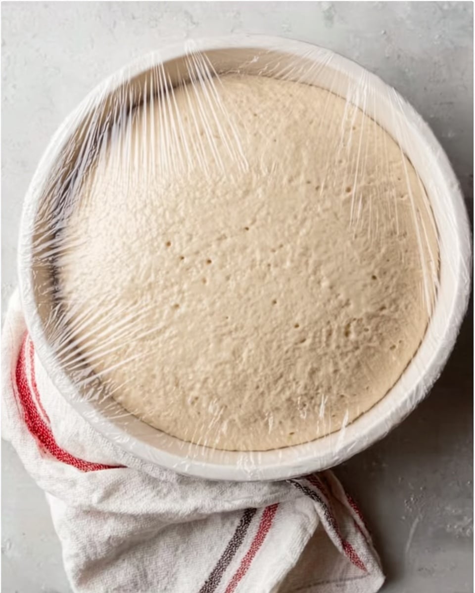 A white round bowl filled with pale beige dough that has risen and expanded to fill the bowl, covered with a clear plastic wrap tightly stretched across the top, resting on a white marbled surface. A white cloth with red and gray stripes is placed partly under the bowl's left side. The dough shows a soft, spongy texture with tiny bubbles on its surface. Photo taken with an iphone --ar 4:5 --v 7