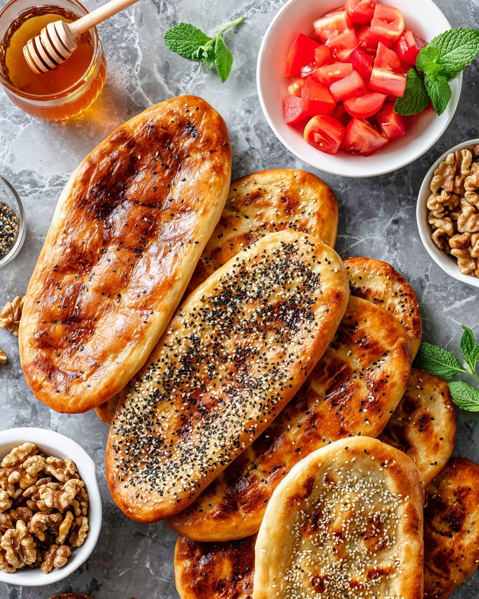 The image shows several long, oval-shaped flatbreads with a shiny golden brown crust, some topped with black sesame seeds and others with white sesame seeds, arranged overlapping each other. On the right, a white bowl holds bright red chunks of fresh tomato. In the bottom left corner, a white bowl is filled with walnut pieces, and at the top left, a white small bowl contains honey with a wooden honey dipper resting inside. A clear glass with amber-colored tea and a small sprig of fresh green mint are placed near the breads. The background is a white marbled surface. Photo taken with an iphone --ar 4:5 --v 7