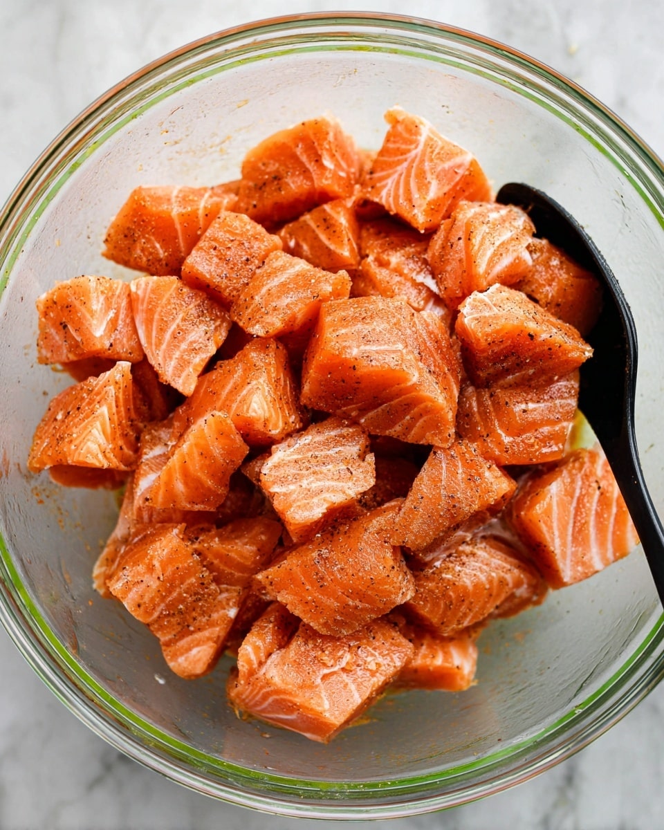 This image shows a clear glass bowl filled with many chunks of raw salmon. Each salmon piece is orange-pink with white fat lines visible, and they are all coated with a light sprinkle of black pepper and other spices, giving an amber tone on the surface. The pieces are stacked closely together inside the bowl, and a black spoon is partially visible on the right side, touching some of the salmon chunks. The bowl rests on a white marbled surface. Photo taken with an iphone --ar 4:5 --v 7
