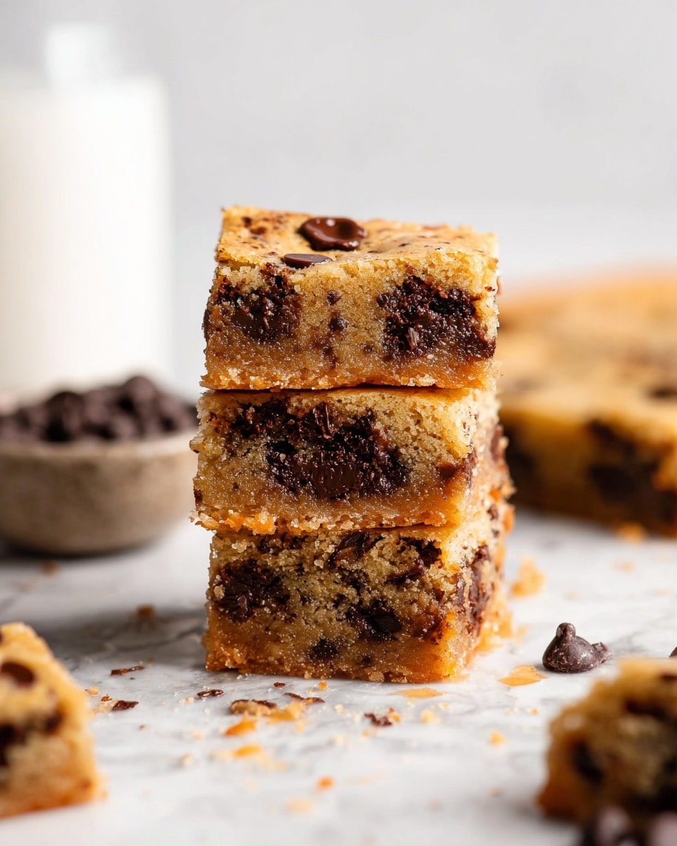 A stack of three square blondie bars filled with melted dark chocolate chips is displayed on a white marbled surface. Each blondie bar has a soft golden brown texture with many evenly spread dark chocolate chunks inside, showing a slightly moist and dense crumb. Bits of chocolate and small crumbs are scattered around the base of the stack, with a blurred background of another blondie piece and a small bowl containing chocolate chips. The soft lighting highlights the warm tones of the blondies and the contrast with the dark chocolate, giving a fresh baked look. Photo taken with an iphone --ar 4:5 --v 7