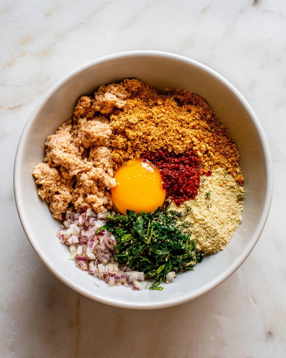 Inside a white bowl, there are seven distinct layers of ingredients arranged side by side in a circular shape. Starting from the left, there is a light beige chunked layer that looks like minced meat or textured soy, next to it is a textured golden brown powdery layer. Near the center is a small amount of bright red paste-like layer, above it is a raw egg yolk with a shiny smooth yellow surface. Next to the yolk on the right side is a bright green leafy layer and just below it is a light beige powdery layer. At the bottom near the middle, there are small bits of finely chopped red onion mixed in with the other layers. The bowl is placed on a white marbled surface. Photo taken with an iphone --ar 4:5 --v 7