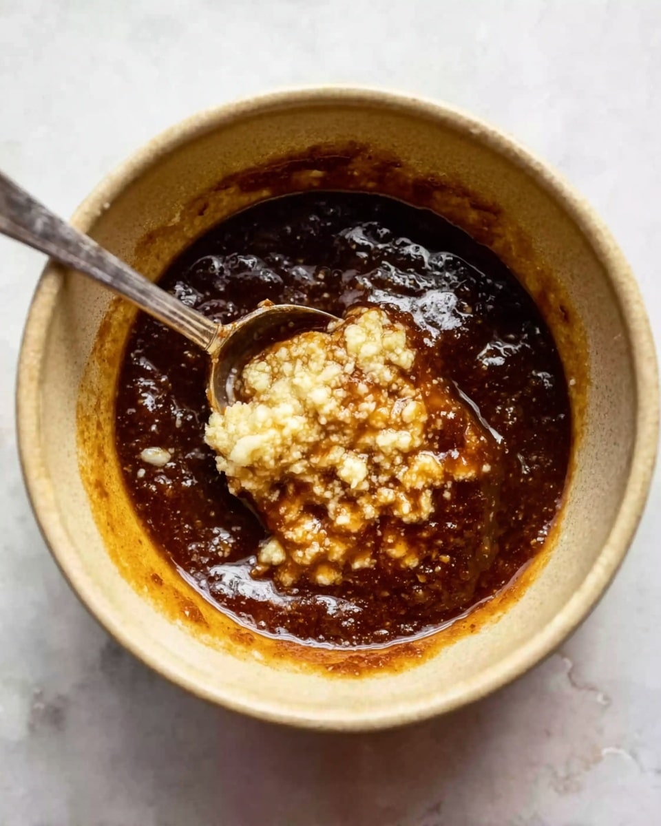 The image shows a close-up of a beige bowl filled with a mix of dark brown thick sauce and a lighter, chunky ingredient that looks like minced garlic sitting on top in the center. The sauce has a glossy, smooth texture with some splashes around the sides of the bowl. A metal spoon is resting inside the bowl, partially submerged in the mixture with the handle pointing outside. The bowl is placed on a white marbled surface that brightens the image. Photo taken with an iphone --ar 4:5 --v 7