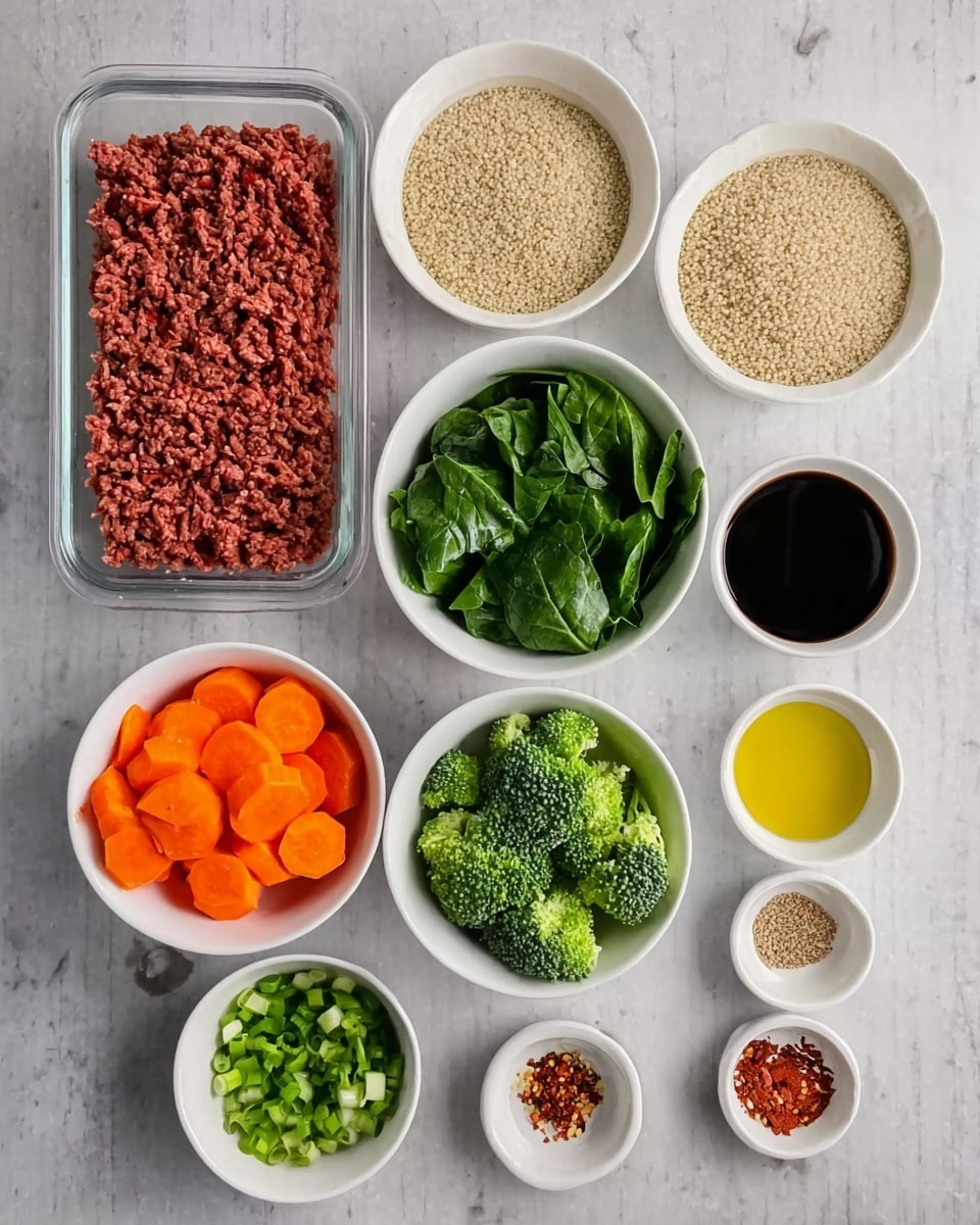 The image shows an overhead view of ten containers arranged on a white marbled surface. In the top left, there is a rectangular clear container filled with raw ground meat, brown and red in color, with a textured surface of small grooves. To its right, two white bowls are placed side by side: one filled with fresh, bright green spinach leaves, and the other with light beige grains resembling quinoa. Below these, five more white bowls hold vibrant orange carrot pieces, green broccoli florets, and small chopped green onions. Additionally, three smaller white bowls contain a golden yellow oil, a dark soy-like liquid, and two light brown powdered spices. The last white bowl holds finely minced garlic and bright red pepper flakes. The setup is clean, simple, and neatly organized, with the colors of the ingredients creating a visually appealing contrast. Photo taken with an iphone --ar 4:5 --v 7