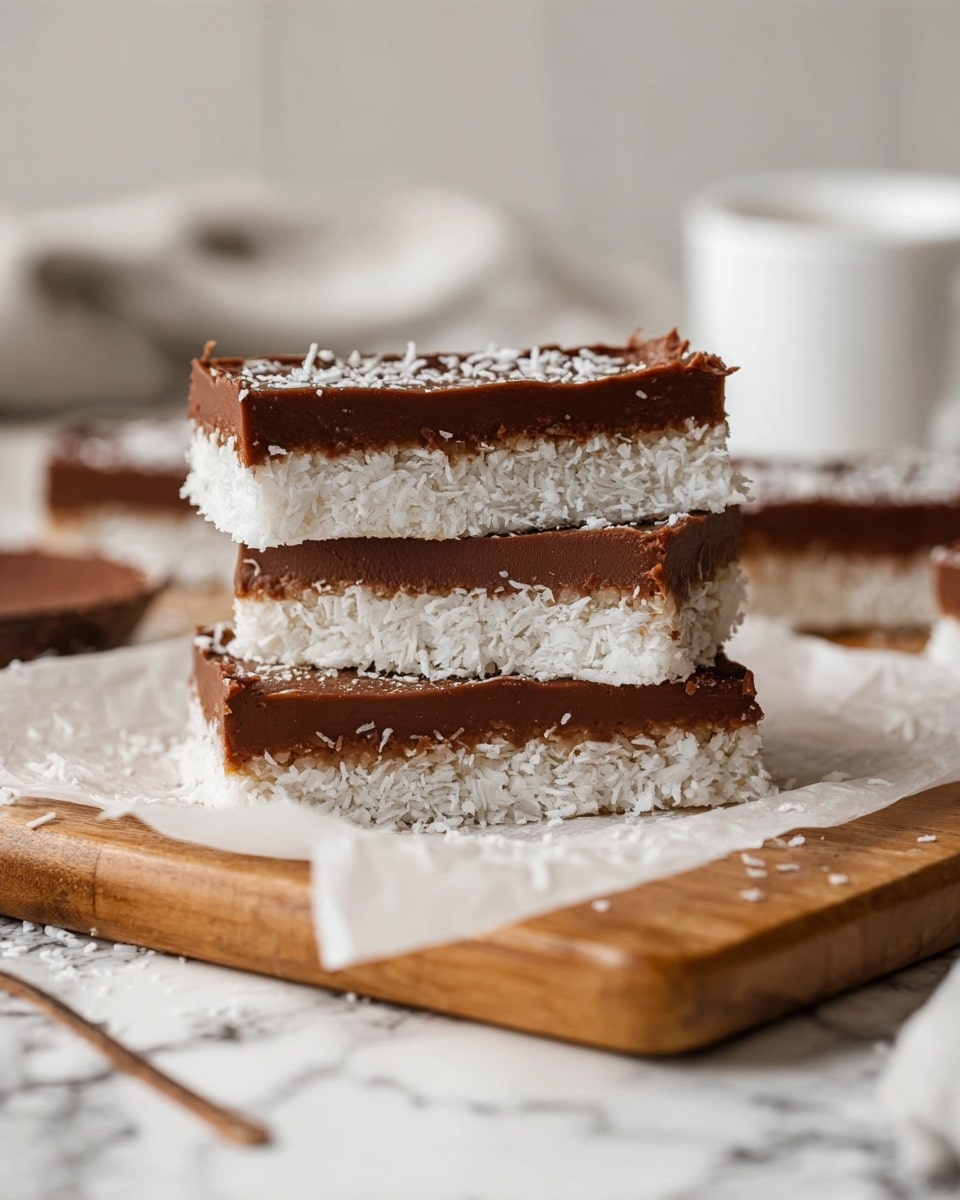 The image shows three rectangular dessert bars stacked on top of each other on a piece of parchment paper, placed on a wooden board with a white marbled surface underneath. Each bar has two clear layers: the bottom layer is thick, white, and textured, looking like shredded coconut, while the top layer is thinner, smooth, and dark brown, resembling chocolate. The top brown layer has a creamy texture with slight rough edges and some sprinkled coconut flakes on it. In the background, there is a blurred white cup and other bars resting flat. The overall scene has soft lighting and a cozy feel, photo taken with an iphone --ar 4:5 --v 7