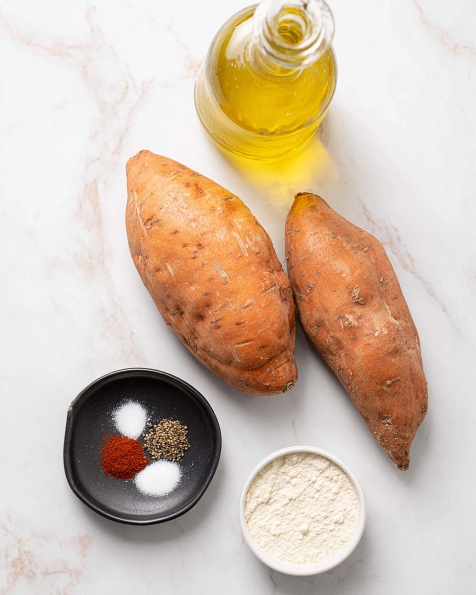The image shows two whole sweet potatoes with a rough, orange-brown skin placed on a white marbled surface. To the top left of the sweet potatoes is a glass bottle filled with yellow cooking oil. Below the oil, there is a small black bowl containing three spices: a small amount of reddish powder, black pepper, and white salt, each clearly separated. To the bottom right of the spices is a small white bowl filled with a light-colored powder, likely flour or a similar ingredient. The arrangement is neat with ample white space around the items. photo taken with an iphone --ar 4:5 --v 7