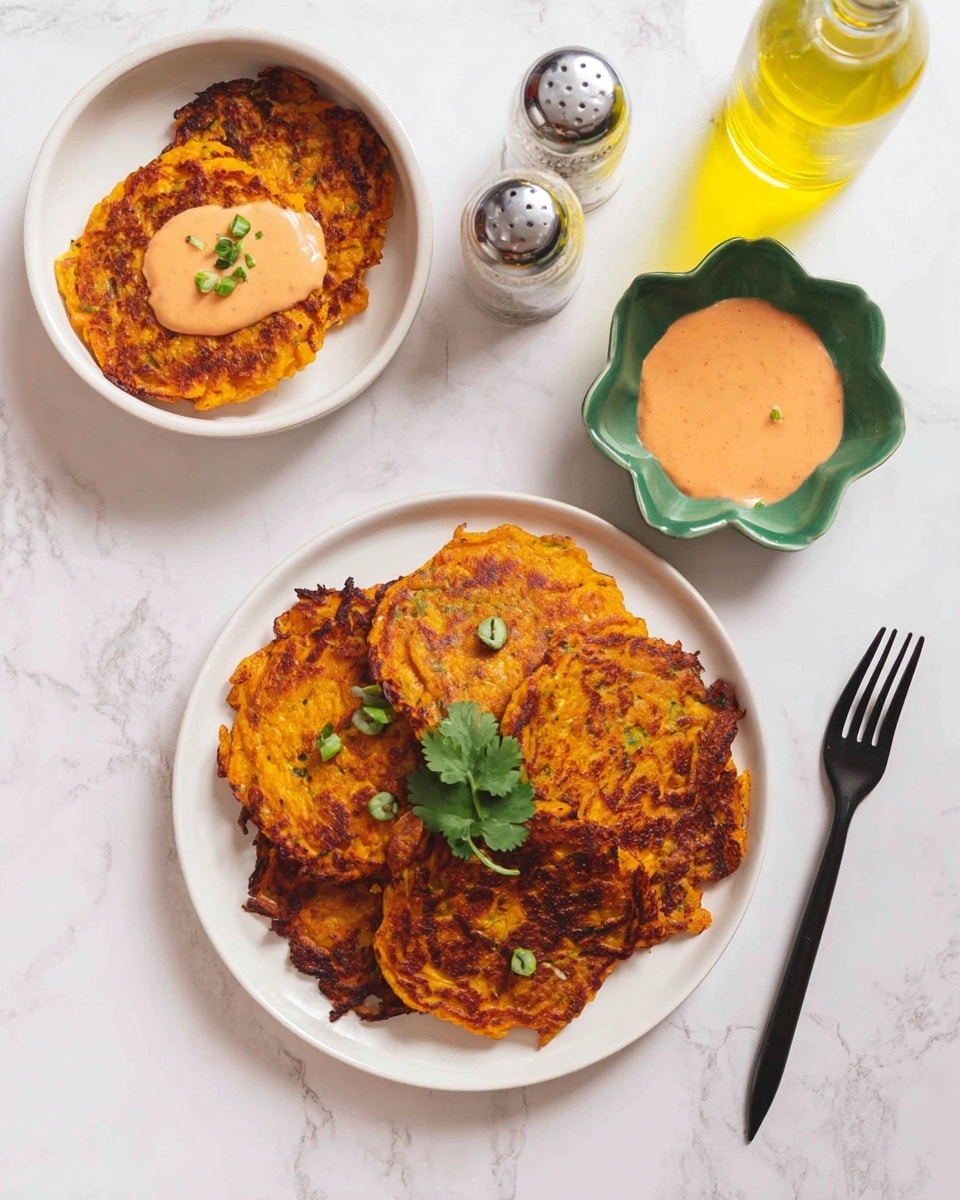 A white plate holds six golden-brown, crispy sweet potato pancakes with slightly charred edges, stacked in a loose pile and garnished with small green herb pieces and a sprig of cilantro in the center. Above this plate, there is a smaller white bowl with two more sweet potato pancakes, one topped with a dollop of pinkish-orange creamy sauce. To the right of these dishes is a small green flower-shaped bowl filled with the same pinkish-orange sauce, and next to it, a clear glass bottle with yellow oil. On the white marbled surface sit a pair of salt and pepper shakers and a black fork placed vertically to the right of the main plate. Photo taken with an iphone --ar 4:5 --v 7