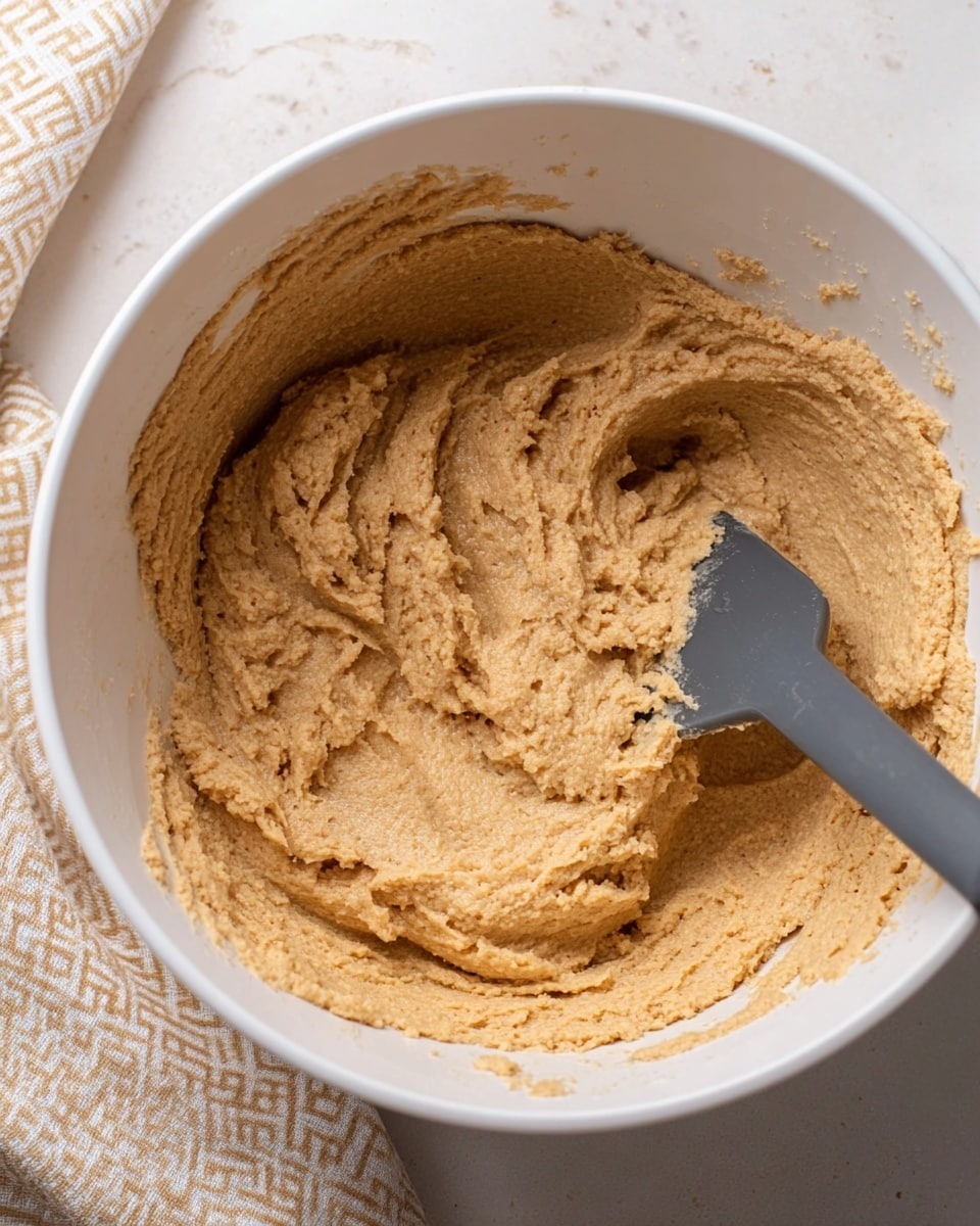 A close-up image of a white bowl filled with thick, light brown dough with a slightly rough texture. A dark gray spatula is partially submerged in the dough on the right side, showing the dough's dense and creamy consistency. The bowl is set on a white marbled surface with a beige and white patterned cloth partially visible in the upper left corner. The interior side of the bowl has some dough smears, adding to the natural, unfinished look of the mixture. Photo taken with an iphone --ar 4:5 --v 7