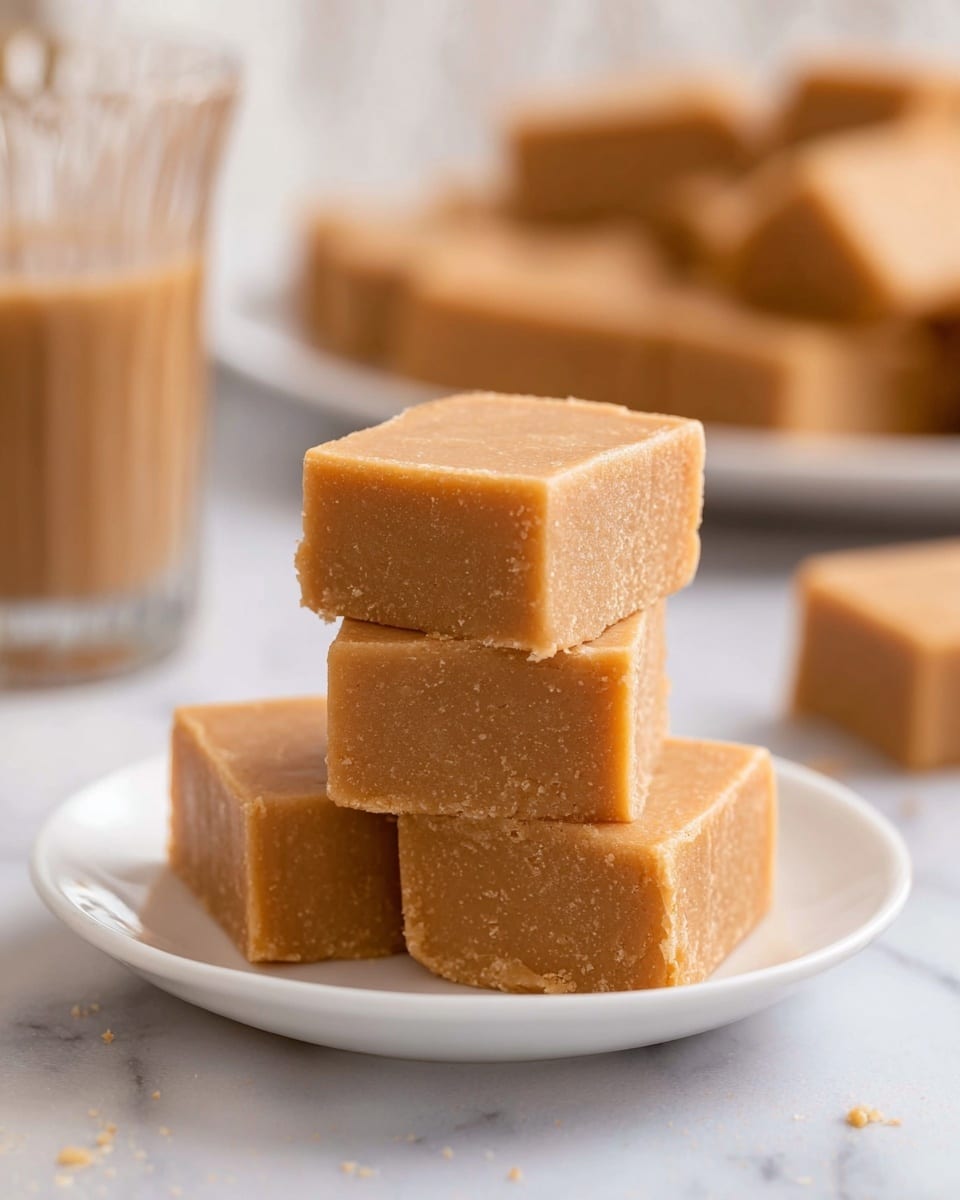 The image shows a close-up of four light brown fudge squares stacked on a white plate. The fudge has a smooth, slightly grainy texture with sharp edges and a matte finish. Behind the stack, there are more fudge squares scattered on a white plate, slightly out of focus. To the left, a glass with some brown liquid is partially visible. The whole scene is set on a white marbled surface. photo taken with an iphone --ar 4:5 --v 7
